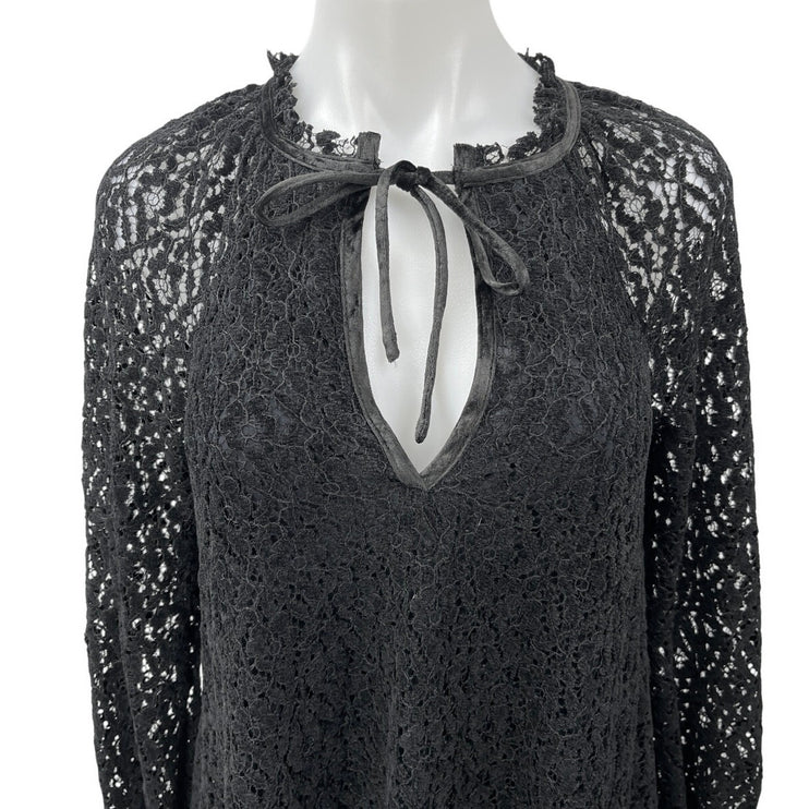 Free People Black Lace Floral Embroidery Keyhole Long Sleeve Mini Shift Dress XS