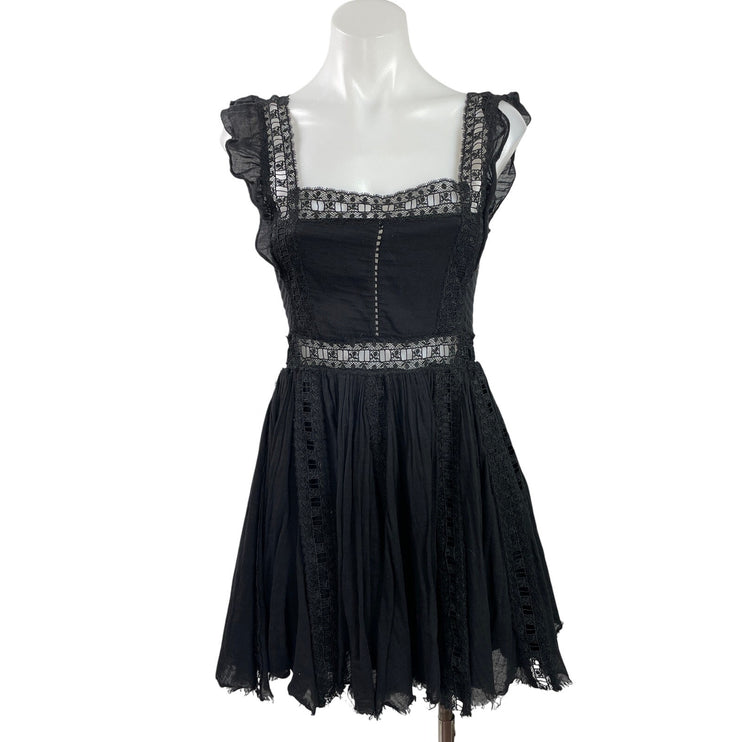 Free People Verona Black Sleeveless Lace Ruffle Mini A-Line Fit & Flare Dress S