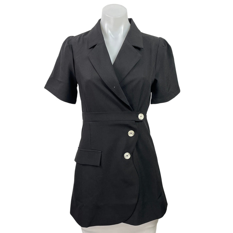 NEW J.ING Women's Black Short Sleeve Collared Button Front Blazer Mini Dress XS