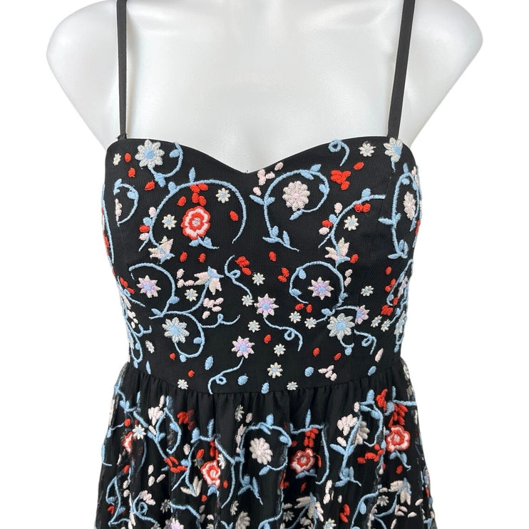 Modcloth Black Floral Tulle Embroidered Sleeveless A Line Midi Dress Size S