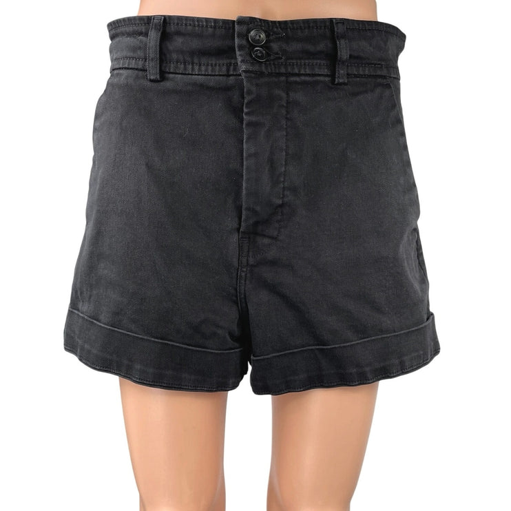 Everlane Black High Waist Wide Leg Cuffed Button Zip Denim Jeans Shorts Size 8