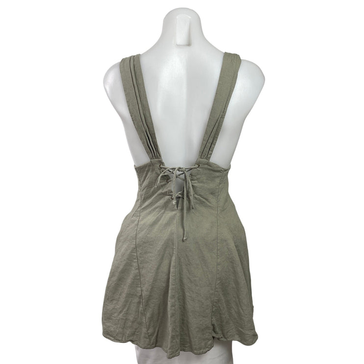 Zara Khaki Green Sleeveless Plunge Deep V Neck Lace Up A Line Mini Dress Size XS