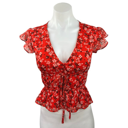 Abound Red Floral V-neck Peplum Flutter Sleeve Tie Front Crop Top Blouse Sz XXS