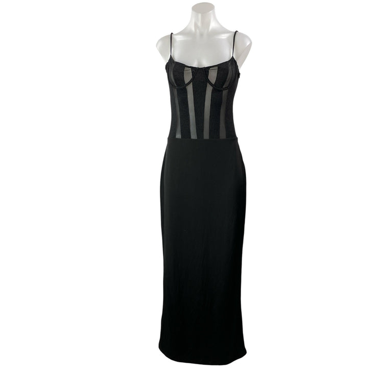 NEW Meshki Priya Black Mesh Sheer Bustier Corset Cami Sleeveless Maxi Dress L