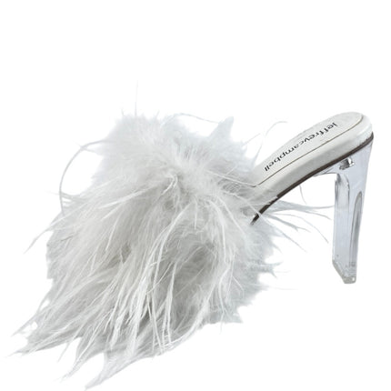 Jeffrey Campbell Chauffeur White Faux Fur Feather Slide Heel Sandals Size 6.5