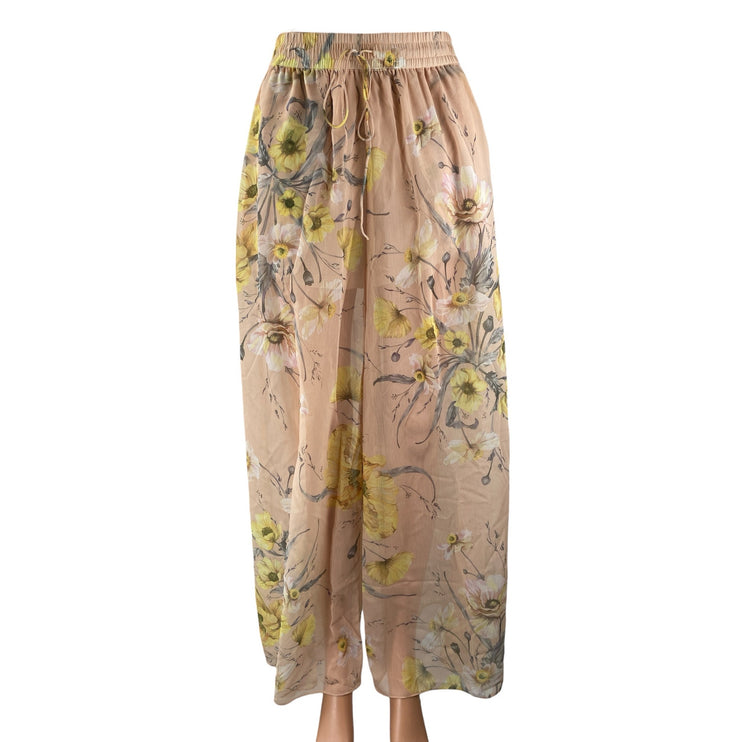 H&M Women's Coral Floral High Waisted Wide Leg Tie Knot Trousers Pants Size 4