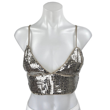 NBD Silver Beige Sequin Metallic Sleeveless Cami Camisole Tank Crop Top Size S