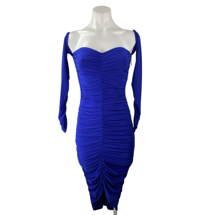 Sabora Blue Ruched Long Sleeve Off Shoulder Sweetheart Neck Midi Bodycon Dress S