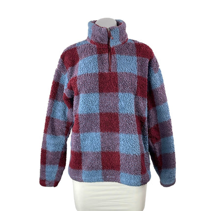 Eddie Bauer Women's Red Blue Check Gingham Plaid 1/4 Fleece Sweater Top Size M