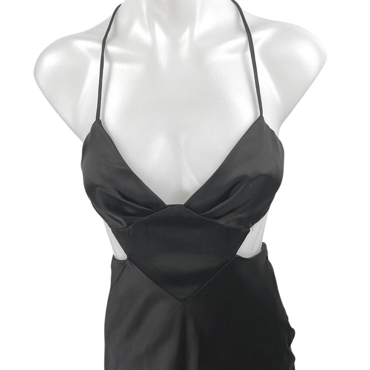 NEW Zara Black Silk Satin Sleeveless Cutout V Neck Strappy Midi Slip Dress Sz XS