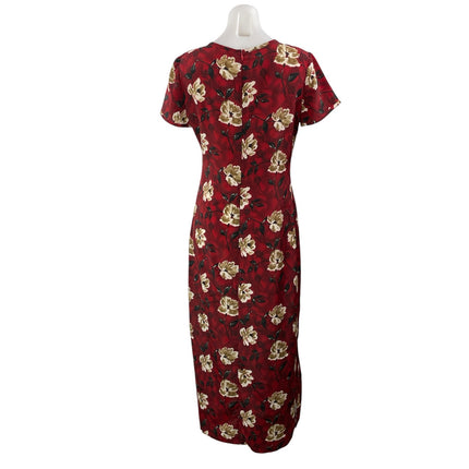 Lynn Lugo Women's Maroon Red Floral Print Short Sleeves Straight Maxi Dress Sz S