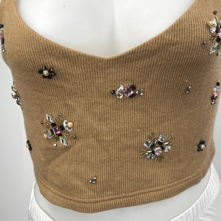 Reath & Wren Brown Tan Ribbed Knit Beaded Sleeveless Tank Cami Crop Top Size L