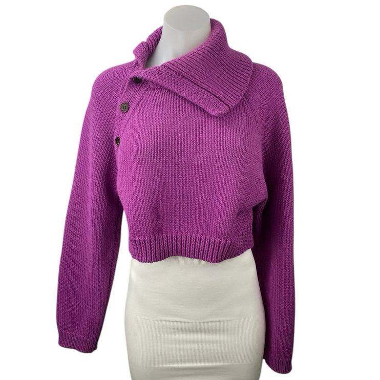 Zara Purple Pink Chunky Knit Asymmetric Collar Button Long Sleeve Crop Sweater S