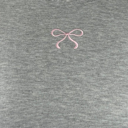 Main Strip Women's Gray Embroidered Pink Bow Long Sleeve Sweatshirt Top Size L
