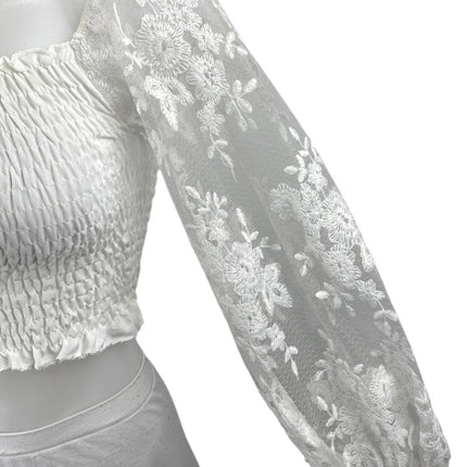 NEW Bellavie Women's White Floral Balloon Long Sleeve Smocked Crop Blouse Top S