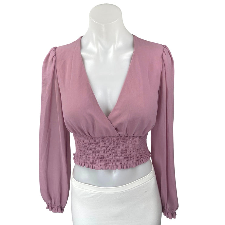 Aritzia Wilfred Pink Long Balloon Sleeve Deep V Neck Smocked Blouse Crop Top XS