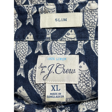 J.Crew 100% Linen Navy Fish Print Collared Short Sleeve Button Up Shirt Top XL