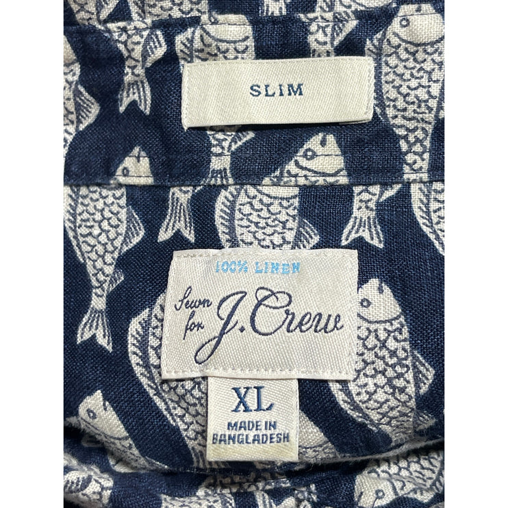 J.Crew 100% Linen Navy Fish Print Collared Short Sleeve Button Up Shirt Top XL