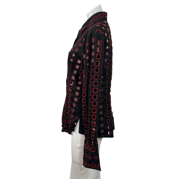 D&Y Women's Black Red Embroidered Open Long Sleeve Button Down Shirt Top Size L