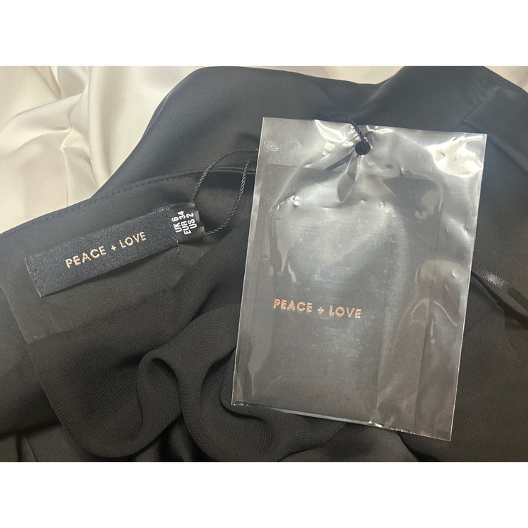 Peace + Love Black White Silk Satin Long Sleeve Plunge Colorblock Bodysuit Top 2