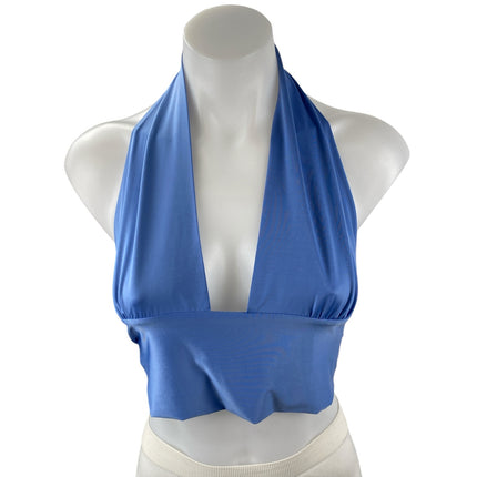 Princess Polly Blue Sleeveless Halter Plunge Neck Tie Back Crop Tank Top Size 4