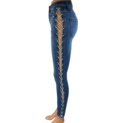 Fashion Nova Blue Side Lace Up Criss Cross High Waisted Skinny Jeans Size 26