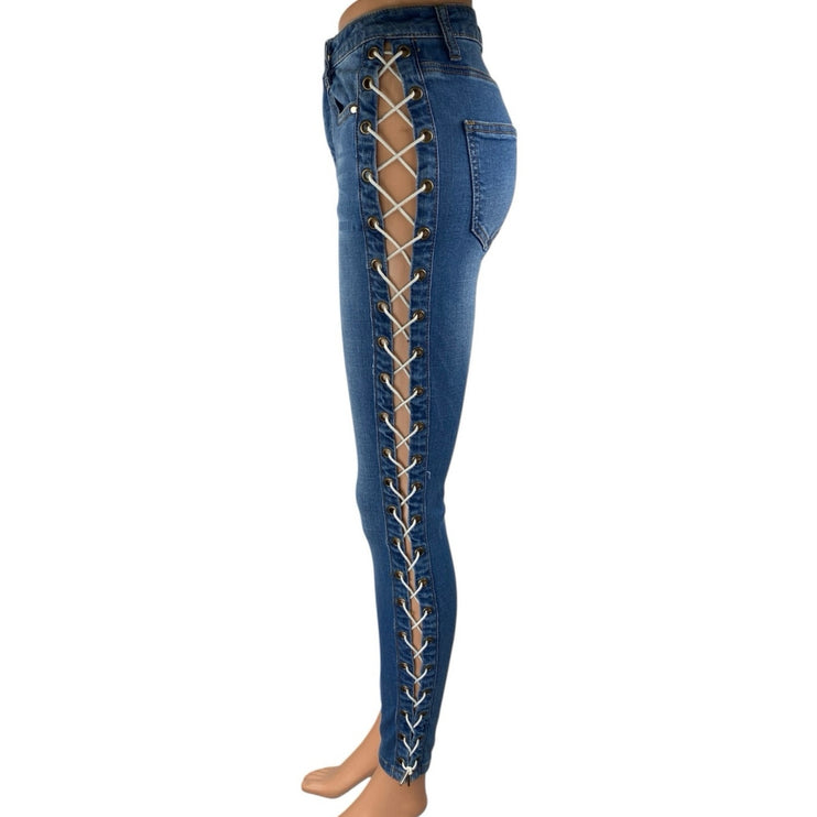 Fashion Nova Blue Side Lace Up Criss Cross High Waisted Skinny Jeans Size 26