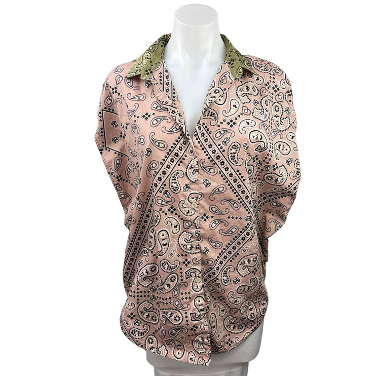 Intimissimi Pink Paisley Print Short Sleeve ButtonUp Collared Blouse Shirt Top L