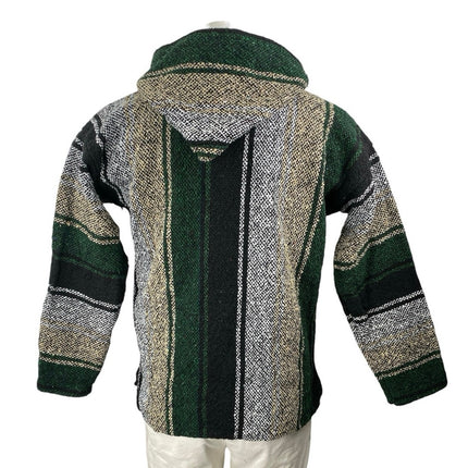 Mens Mexican Baja Jerga Green Colorblock Long Sleeve Hoodie Sweatshirt Sweater L