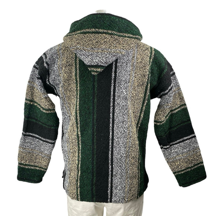 Mens Mexican Baja Jerga Green Colorblock Long Sleeve Hoodie Sweatshirt Sweater L