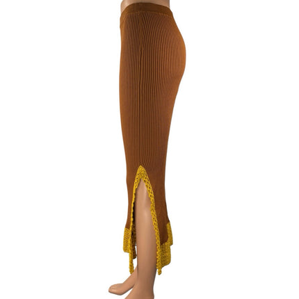 NEW Staud Oceanside Tan Gold Ribbed Knit Lace Pull On Slit Midi Skirt Size S