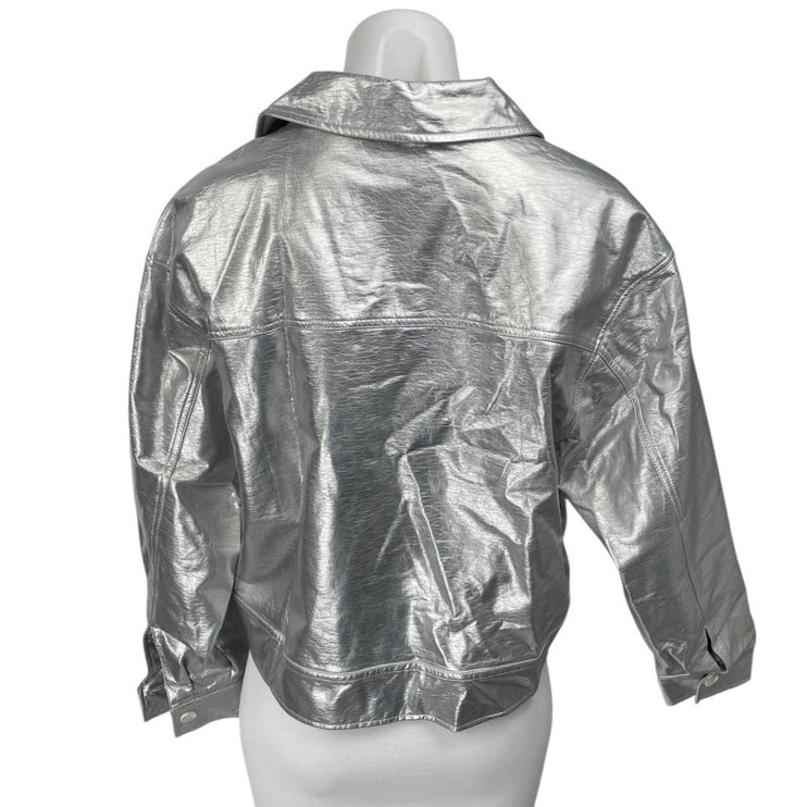 NIA Women's Silver Metallic Collared Long Sleeve Button Up Coat Jacket Size S