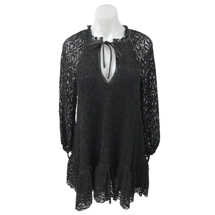 Free People Black Lace Floral Embroidery Keyhole Long Sleeve Mini Shift Dress XS