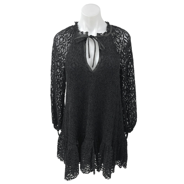 Free People Black Lace Floral Embroidery Keyhole Long Sleeve Mini Shift Dress XS