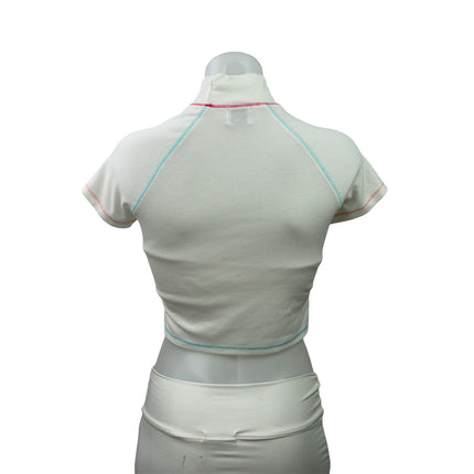 Polly Women's White Mock Neck Ribbed Knit Short Sleeve T Shirt Crop Top Size 6