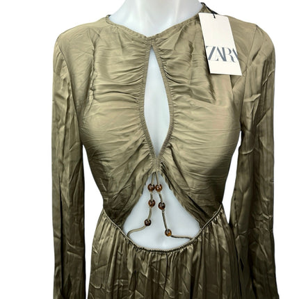 NEW Zara Khaki Olive Green Silky Satin Cutout Long Sleeve Midi Maxi Dr – Brie