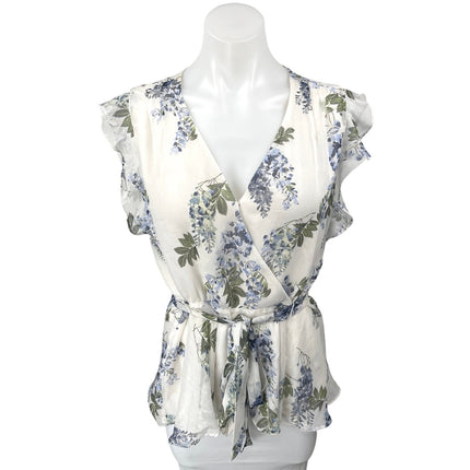 Vince Camuto White Floral Ruffle Sleeveless V-Neck Peplum Wrap Blouse Top Size M