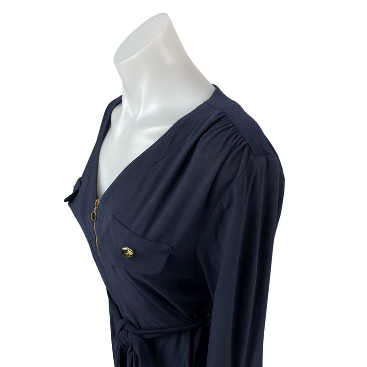 Emma & Michelle Navy Blue Long Sleeve Zip Pocket Tie Waist Mini Shirt Dress Sz S