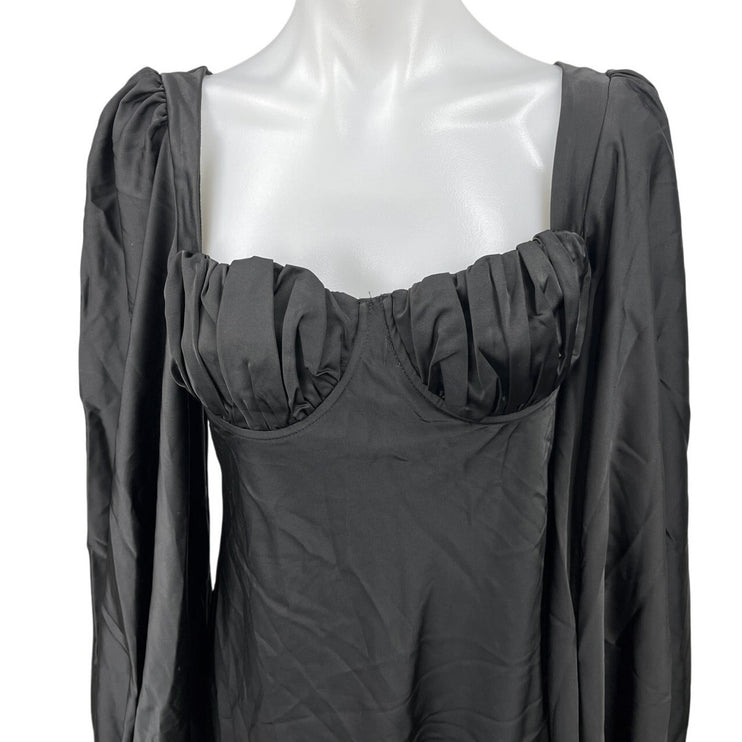 Jagger & Stone Liv Black Satin Balloon Long Sleeve Peasant Mini Bodycon Dress 8