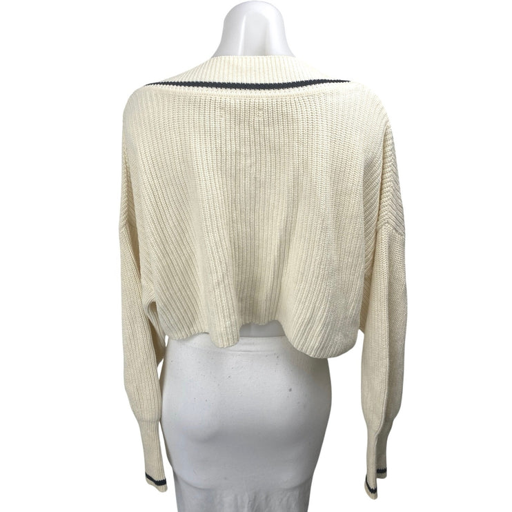 Oak + Fort Cream Rib Chunky Knit V-neck Long Sleeve Crop Cardigan Sweater Top M