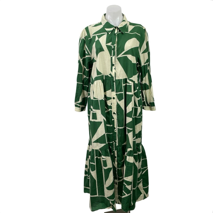 Zara Green Geometric Long Sleeve Button Down Tiered Maxi Shirt Dress Size 2XL