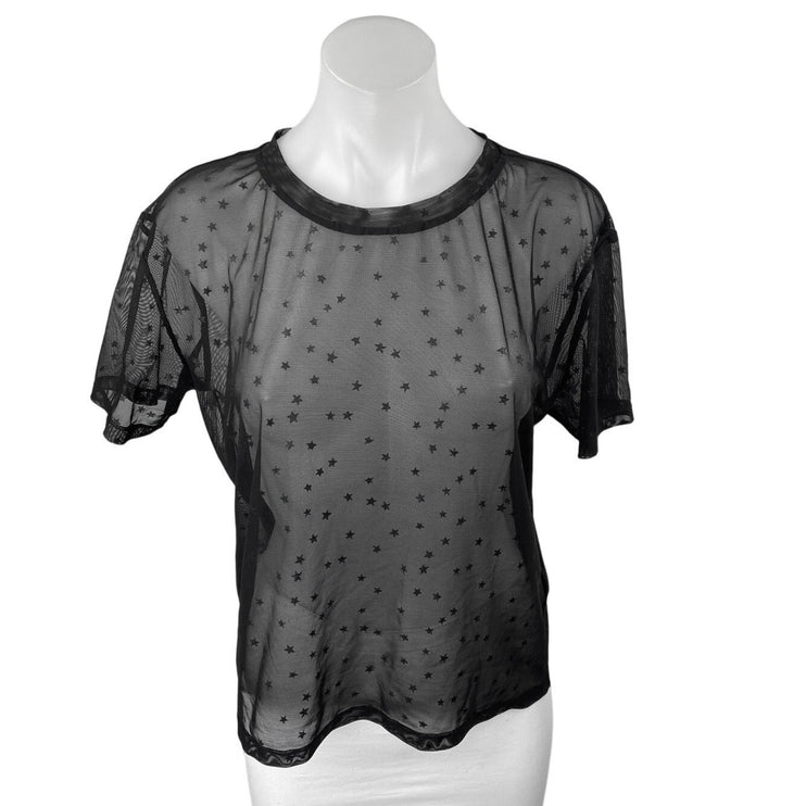 H&M Divided Black Star Print Short Sleeve Mesh Sheer Cover up Shirt Top Size S