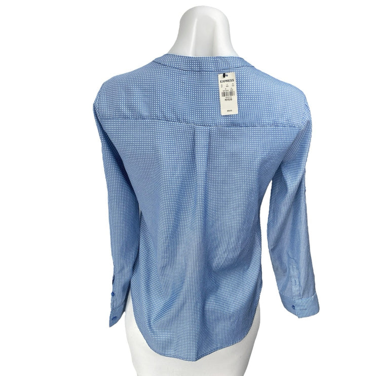 NEW Express Blue White Polka Dots Long Sleeve V Neck Shirt Blouse Top Size XS
