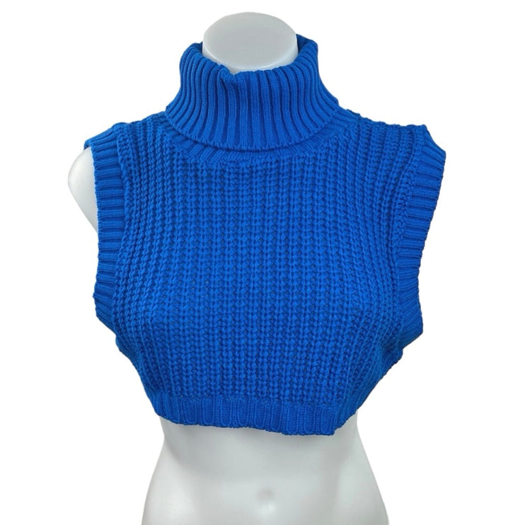 PrettyLittleThing NWT Blue Chunky Knit Roll Neck Sleeveless Crop Top Vest Sz XS