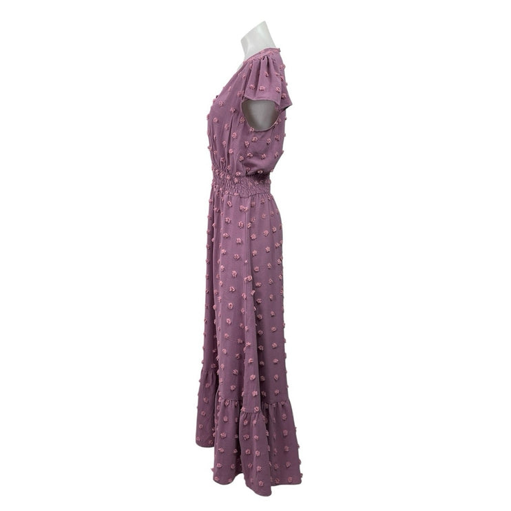 Fashion Women's Purple Short Flutter Sleeve V Neck Swiss Dot Maxi Dress Size M