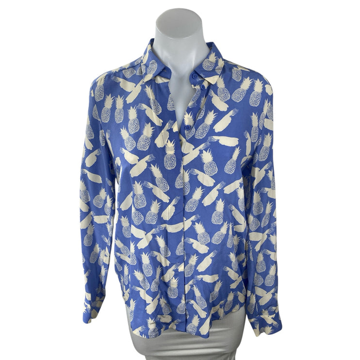 & Other Stories 100% Silk Blue Pineapple Print Long Sleeve Button Up Shirt Top 4