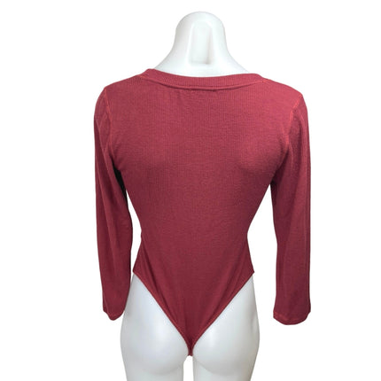 Free People Hi Hon Wine Red Rib Knit Long Sleeve Scoop Neck Thong Bodysuit Top M
