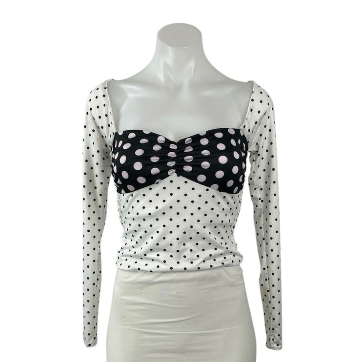 Niihai Black White Polka Dots Bustier Colorblock Long Sleeve Crop Top Size XS
