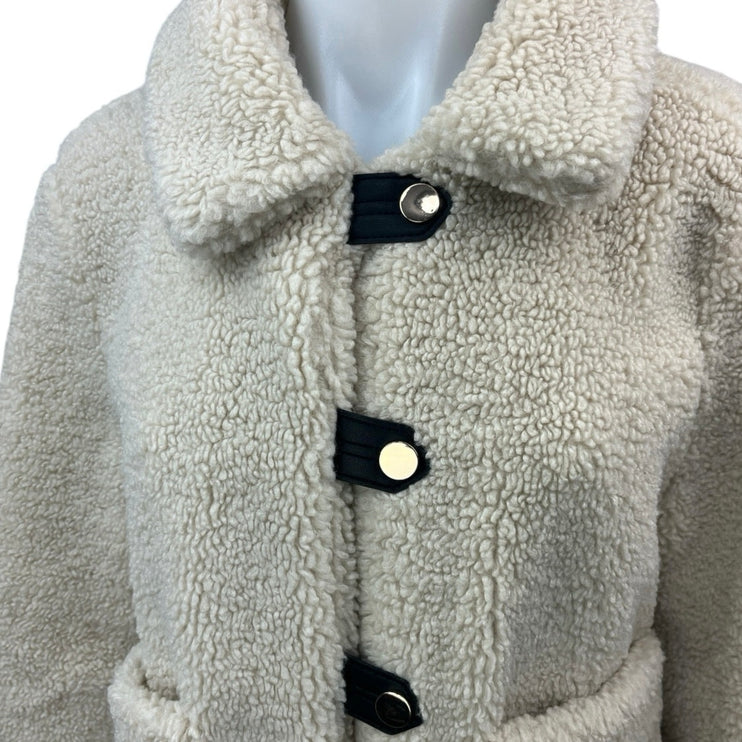 Zara Cream Beige Faux Shearling Sherpa Snap Button Collar Pockets Coat Jacket M