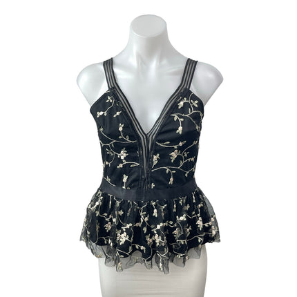 Omai Women's Black Floral Embroidered Sleeveless V Neck Peplum Blouse Top Size M